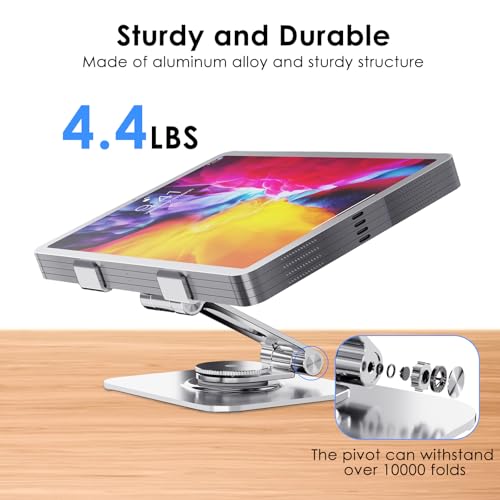 Tablet Stand for Desk, 360° Swivel for iPad Holder, Aluminum Adjustable Tablet Holder, Compatible for iPad Pro Air Mini Surface Pro Samsung Galaxy Tabs Kindle, 4-12.9 inch, Silver - Image 3