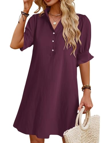 Image of Womens Summer Shirt Dress 2026 Casual Ruffle Short Sleeve Button Down Flowy Swing Shift Mini Dresses with Pockets