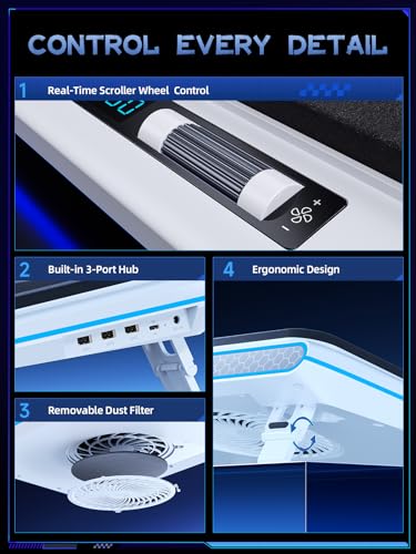 Image of llano RGB Laptop Cooling Pad, White, Powerful Turbofan, Quiet Cooling, Touch Control, LCD Screen, Seal Foam, 15-19in Laptops