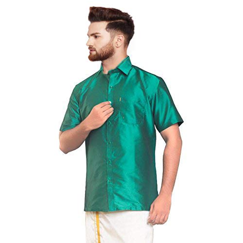 Image of SJS-Men's Half Sleeve Solid Art Silk Shirt