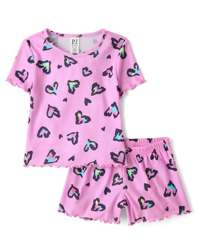The Childrens Place Girls Short Sleeve Top and Shorts 2 Piece Pajama Set Pink Rainbow Hearts Medium