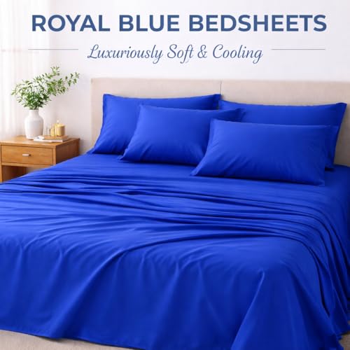 Image of Queen Size Bed Sheet - 600 Thread Count Single Flat Sheet Only - Long Staple Egyptian Cotton Top Sheet Wrinkle & Fade Resistant - Royal Blue