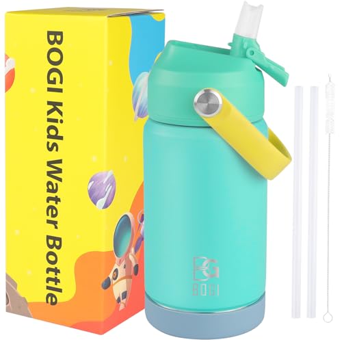 Bogi kids metal water bottle with straw 350ml kid stainless steel water bottle for school leak proof insulated water bottle for boys girls toddlers children keep drinks 12h hot 24h cold mint