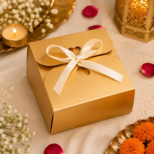 SATYAM KRAFT 24 Pcs Multipurpose Folding Gift Boxes with Ribbon | Golden Decorative Empty Boxes for Wedding & Shaadi, Wedding, Birthday & Party Return Gifts, Festive Hampers (Golden)