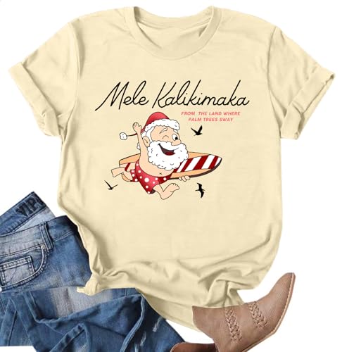 Ithalt Maglietta natalizia a luglio da donna, maglietta da surf con Babbo Natale tropicale, abbigliamento estivo per vacanze estive, Beige, XL