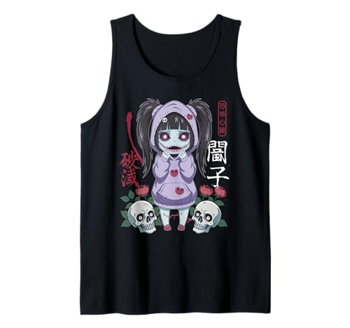 Muñeca espeluznante "Yamiko" Japón Kanji Design Goth Horror Anime Camiseta sin Mangas
