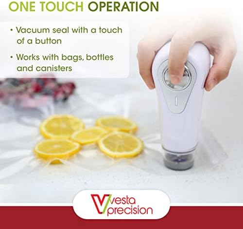 Vacuum Sealer by Vesta Precision - Handheld Vac 'n Seal | Extends Freshness | Fast and Powerful | Compact | Rechargeable | Works with valved Vacuum Bags, Bottles, and Canisters (White)