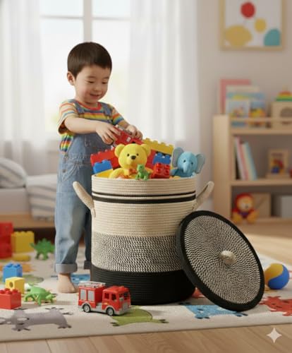 Image of Basket with Lid, 15 inch x 20 inch Woven Storage Basket for Blankets, Toys, Pillows, Towels, Living Room Bedroom Storage Bin, Round Rope Basket with Lid, Wicker Baskets for Organizing (BG9)