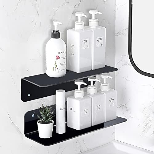 Acrylic Floating Shelves for Wall Set of 2, Black Floating Wall Shelves No Drilled for Smart Speaker , Living Room, Office, Bedroom, Bathroom, Kitchen,with Cable Clips,Stick on