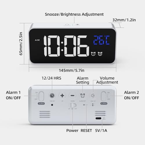 HOMVILLA Réveil Numérique avec Grand Affichage de la Température LED, Alarme de Miroir Portable avec Double Alarme Roupillon Temps Gradateur de Luminosité Réglable sur 4 Niveaux (Argent) – vue 2