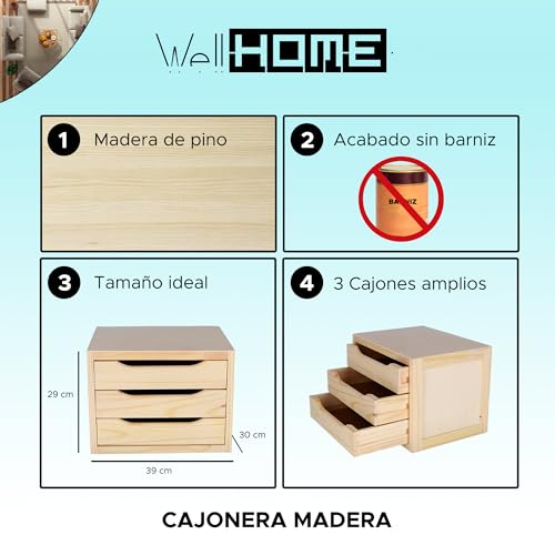 Cajonera con 3 cajones elegante mini cómoda de diseño Well Home 39x30cm 4
