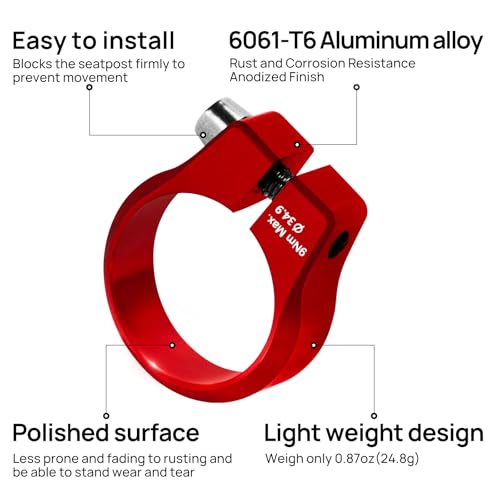 FIFTY-FIFTY Bike Seat Post Clamp, Aluminum Alloy Bicycle Seatpost Collar, 28.6/29.8/31.8/34.9/36.4/38.6mm Bicycle Seat Tube Clip for Most MTB, Road Bikes (34.9mm, Red) - Thumbnail 5