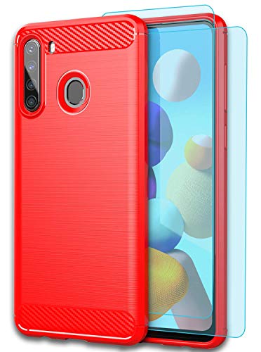 Huness Galaxy A21 Case with HD Screen Protector [ 2 Packs ] Frosted Shield Luxury Slim Case for Samsung Galaxy A21 Phone (Red)
