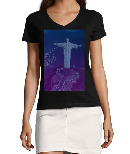 T-shirt Statue du Christ coton noir V haut de gamme femme