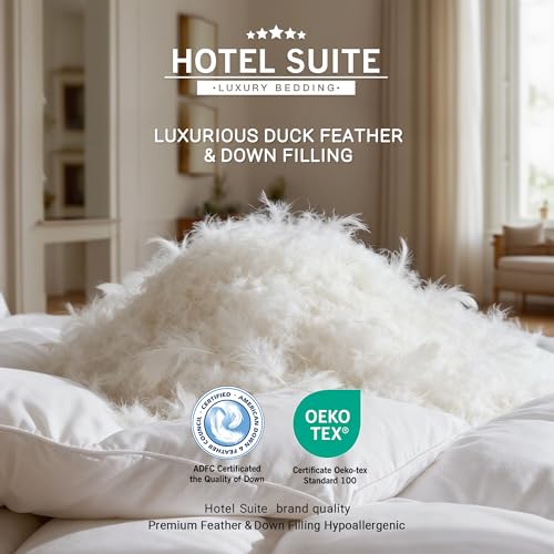 Hotel Suite Luxurious Feather and Down Comforter Duvet Insert Full/Queen Size, 100% Cotton Cover, Hotel Collection Quilts, 56 oz Fill Weight, All Season Medium Warmth 88 x 88 Inch White