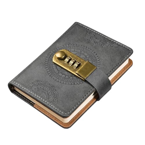 Tagebuch mit Schloss PU Leder Journal mit Schloss 240 Seiten 15x10cm Vintage Lock Notizbuch A7 für Studenten Frauen Männer Tragbar Mini Buchjournal für Schule Studentenwohnheim Büro Reisen (Gra