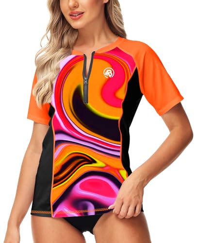 Image of AOBUTE Women Zip Rash Guard UPF 50+ Gradient Short Sleeve Swim Top Surf Shirts