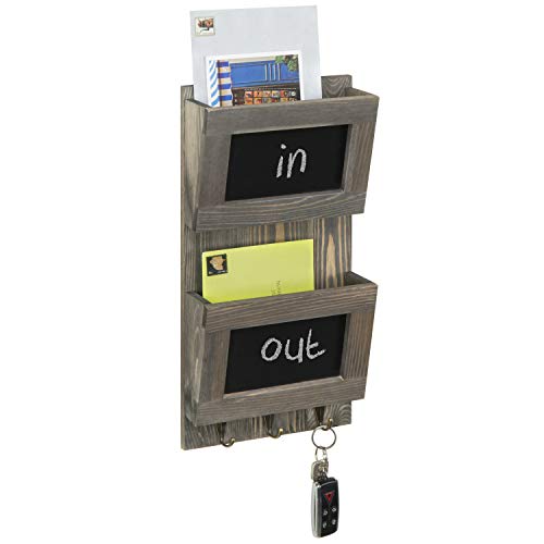 MyGift Wall Mounted Mail Sorter, Rustic Gray 2 Slot Letter Holder Inbox Outbox Organizer with Chalkboard Surface & 3 Key Hook Rack