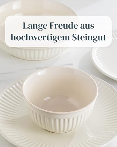 Steingut Geschirrset 6 Personen Hygge 24 tlg. TESTSIEGER, Traumhaftes Skandinavisches Steingut Geschirr Set, Schüssel- und Teller Set, Tafelservice 6 Personen, Geschirrsets Pure Living in Beige