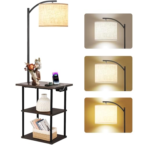 PESRAE Floor Lamp with Table, End Tables with Charging Station(USB & Type-C & AC Port), 3 Color...