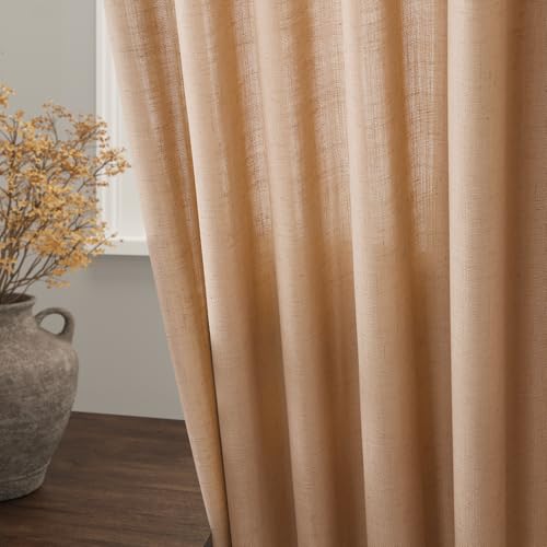 Image of Camel Linen Curtains 84 Inches Long for Bedroom Back Tab Light Filtering Privacy Semi Sheer Curtains Modern Farmhouse Decor Camel Cotton Elegant Curtain for Living Room 2 Panels Set 52x84 Inch