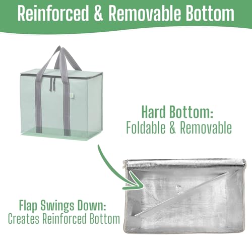 Image of VENO 2 Pack Insulated Grocery Bags, Hard Bottom, Light Green | Heavy Duty, Water-Resistant, Reusable Shopping Bags, Foldable, Zippered, Easy Clean, Food Delivery, Grocery Shopping, Picnic