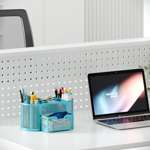 EasyPAG Mesh Pen Holder Desk Organizer with Drawer Stationery Supplies Organizer for Dorm School 9 Compartments Workspace Desk Accessories Organization for Office, Blue