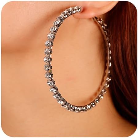 Missgrace Silver Shiny Sexy Rhinestones Hoop Earrings Big Circle Rhinestones Hoop Earrings Rhinestones Bride Wedding Bar Earrings Statement Body Earrings Jewelry for Women