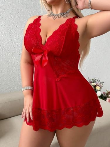 Image of Alrovetoney Women Plus Size Babydoll Lingerie Lace Chemise Mesh Sleepwear Strappy Sexy Nightgown Boudoir Outfit L-4XL