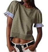 OLAPTA Women’s Puff Short Sleeve Tee Shirts Patchwork Crewneck Loose Fit Summer Crop Tee Tops Bab...