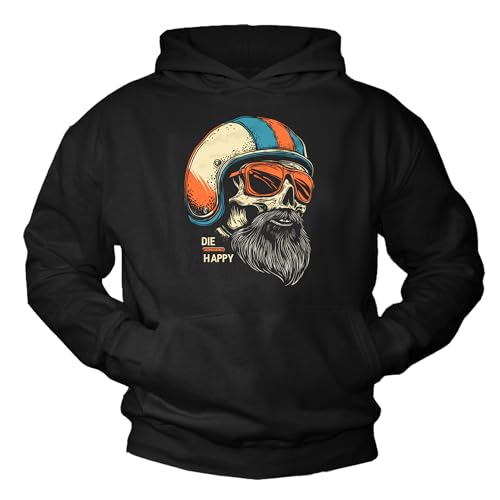 MAKAYA Felpa con Cappuccio Uomo Biker con Barba Scritta Die Happy Hoodie Moto Cotone Vintage Idea Regalo Divertente per Motociclisti Nero XXXXL