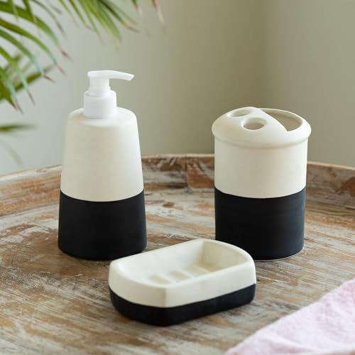 Image of ExclusiveLane 'Shadow & Light' 3 Piece Ceramic Bathroom Accessories Set - Soap Tray, Toothbrush Holder, Liquid Soap Dispenser