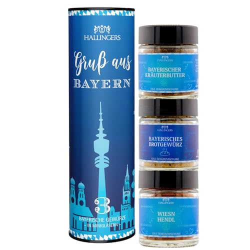 Hallingers Genuss Manufaktur Gewürz Geschenk-Set - 3 Gewürze aus aller Welt als Probierset in wertiger Geschenk-Dose 'Gruß aus Bayern', Geschenkidee für Frauen Männer