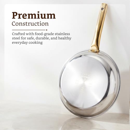 Image of Amazon Brand - Solimo Premium Triply Stainless Steel Frypan 24cm (1.7L) | Even Heating Triply Base | Gas & Induction Compatible | SS 304 Food-Grade | Dishwasher Safe | Elegant Golden Handles | BIS Certified