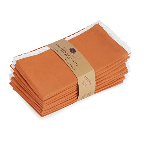 NATURALCRAFT 20X20 inch Oversized cloth Napkins Cotton linen 12 Pack Premium Quality Mitered Corners With Elegant Lace for Everyday Use Napkins are Pre Shrunk And Good Absorbency With Lace (RUST LACE)