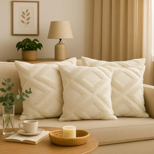 Image of Premium Cotton Cushion Cover, 20 Inch x 20 Inch, Circular Knit Neutral Textured, Square Accent, Cushion Cover Set of 4 for Living Room, Sofa (Diamond-2)