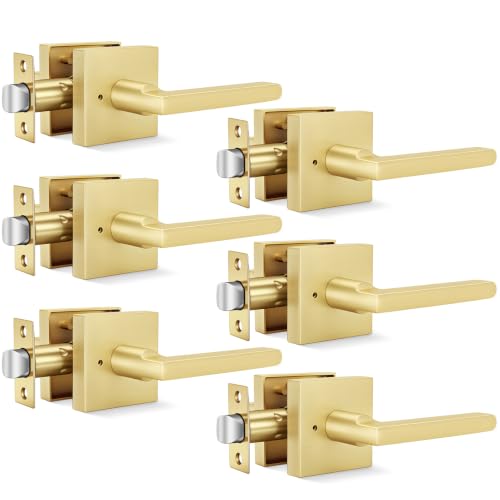 Goldenwarm Gold Door Handles Interior Privacy Brushed Gold Door Handles Square Door Levers Interior for Bathroom Bedroom (6 Pack)