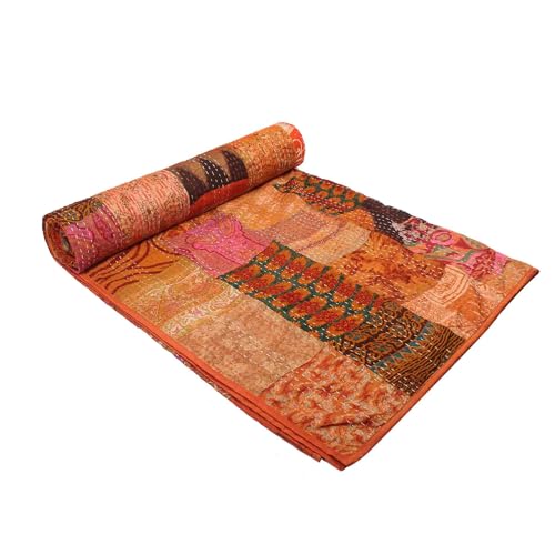 Image of Silk Hand Made Design Kantha Quilt Blanket, Bed Cover, Bedspread (Size 90 inch X 108 inch) - Multicolour