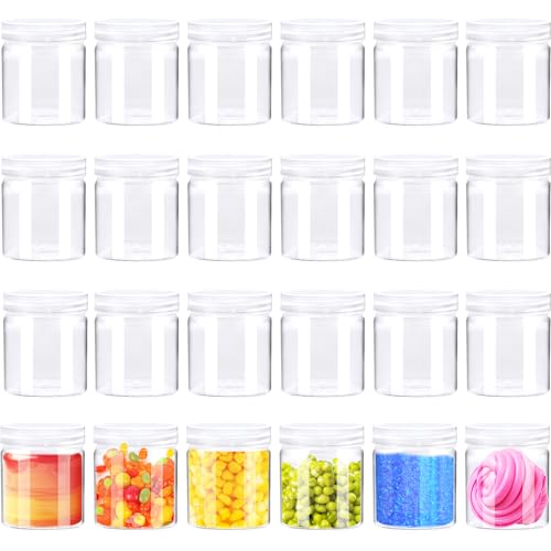 24 Pack 4oz Clear Plastic Slime Containers with Lids Round Refillable Travel Storage Sealed Jars Wide Mouth Container for Cosmetics Lotions Eye Shadow Cream Candy Makeup Craft Supplies Beads