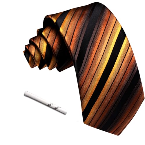 Image of Barry.Wang Silk Men Ties Formal Stripes Necktie and Tie Clip for Wedding Party Business Fashion Classic