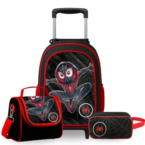 Kit Mochila de Rodinha Escolar Aranha Infantil Masculino + Lancheira Transversal + Estojo Duplo Menino