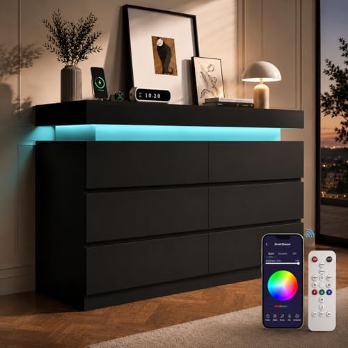 OneBlis 6 Drawer Dresser with LED Lights & Charging Station Modern Floating Black Dresser for Bedroom Smart Storage Chest with 2 AC Outlets & USB Ports for Living Room Closet Entryway