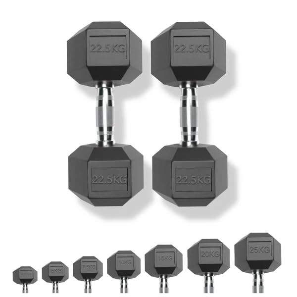 Strongway Hex Dumbbells Set Rubber Coated Cast Iron Weights 2.5KG - 35KG - Gym Strength Training Weight Lifting Equipment Exercise Men Fitness (2 X 22.5KG)