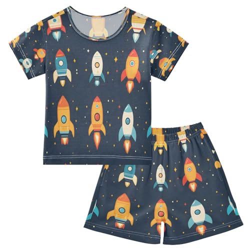 senya Colorful Rocket Cartoon Summer Pajamas Set Short Cotton Sleepwear 2 Piece
