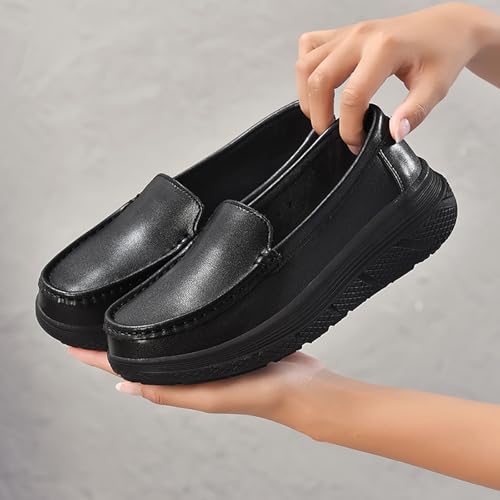 Image of Women's Platform Orthopedic Nurse Working Shoes,Comfortable Breathable Slip On Anti-Slip Nursing Restaurant Work Leather Walking Loafers