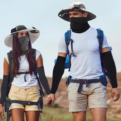 Image of Syhood 2 Set Solar Fan Hats with Neck Gaiters and Arm Sleeves, Wide Brim Fishing Hats for Men Women Outdoor Camping Gardening