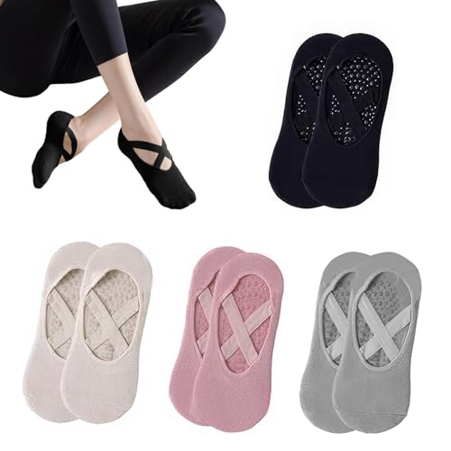 Pilates Socks, Yoga Socks, 4 Pairs Non Slip Pilates Grip Sock With Straps for Women Girls, Ladies Trainer Sock for Ballet, Fitness, Home Workout