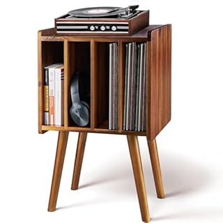 Wooden LP Record Player Stand,Vinyl Record Storage Table with 4 Cabinet Up to 100 Albums(Mid-Century Modern)