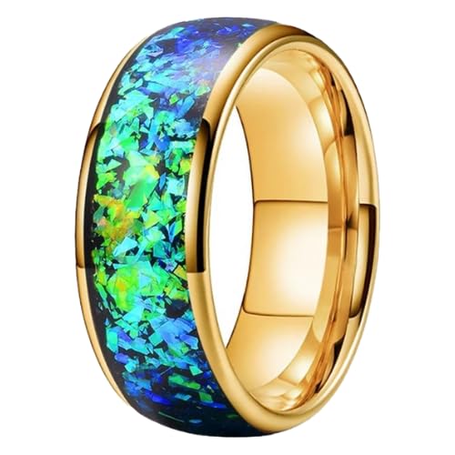 8MM Men Women Tungsten Carbide Ring Band Blue Green Opal Fragments Inlay Dome Shiny Polish Ring Band