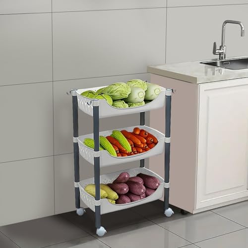 Image of Lukzer 3 Tier Plastic Rolling Cart Trolley Stand Multipurpose Fruits & Vegetable Storage Basket Rack with Wheels Slim Space-Saving Organizer for Kitchen Home Bathroom Office-White 115x30x41.5cm CH-137